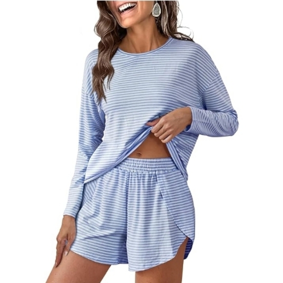 Long Sleeve Pajama Lounge Matching Set Striped Sleepwear Blue - Picture 4 of 6
